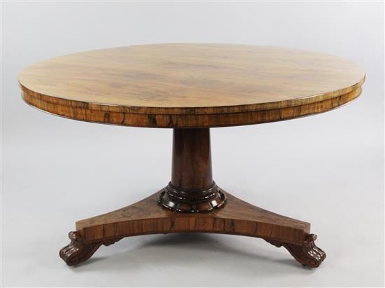 An early Victorian rosewood circular breakfast table, W.4ft 4in.